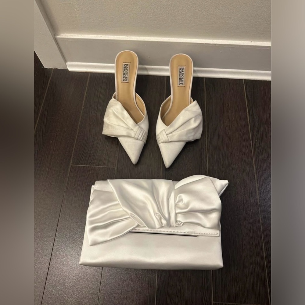 White Satin Wedding Heels and Matching Clutch